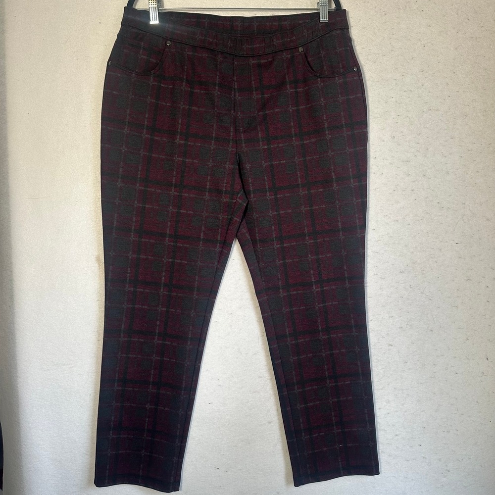 Susan Graver Burgundy Plaid Pull On Pants Straight Leg Large Burgundy Grey
